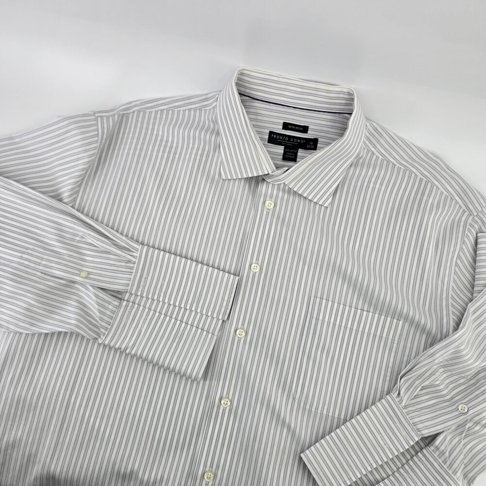Pronto Uomo Dress Shirt Non-Iron Mens White Striped Long Sleeve Neck 18